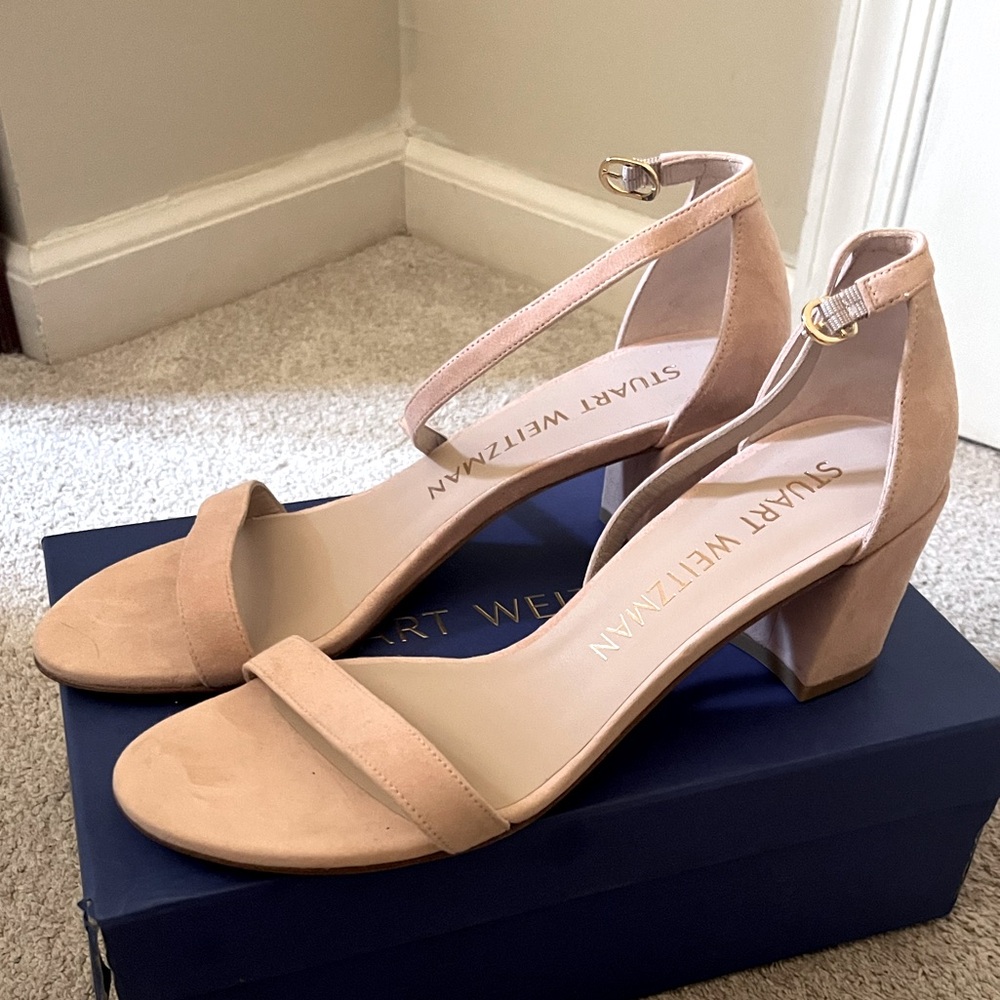 Stuart Weitzman simple block heel sandal in blush pink suede